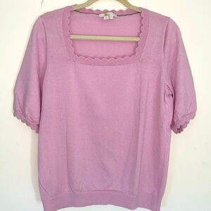 Boden pale lilac pink lavender merino wool scalloped square neck sweater Sz 14